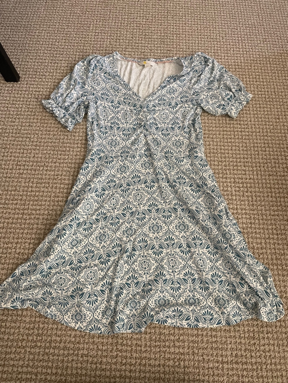 Boden Blue and White Tile-Print Ruffle Sleeve Dress